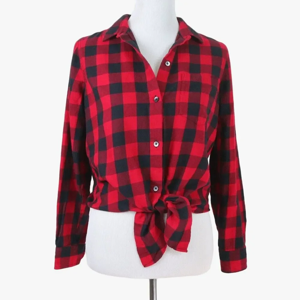 Madewell Size S Flannel Tie-Front Shirt Buffalo Check Red Black